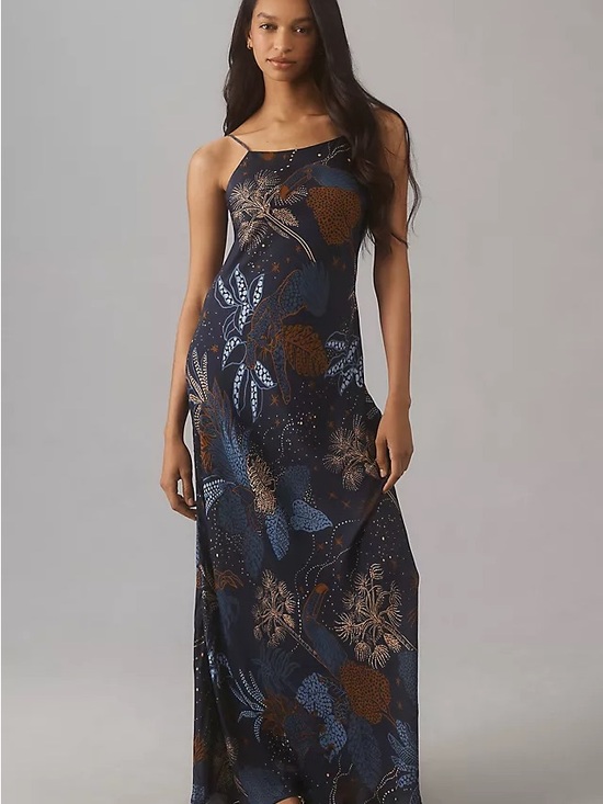 FARM Rio Dresses & Skirts - Navy Floral Slip Maxi Dress with Brown & Blue Accents